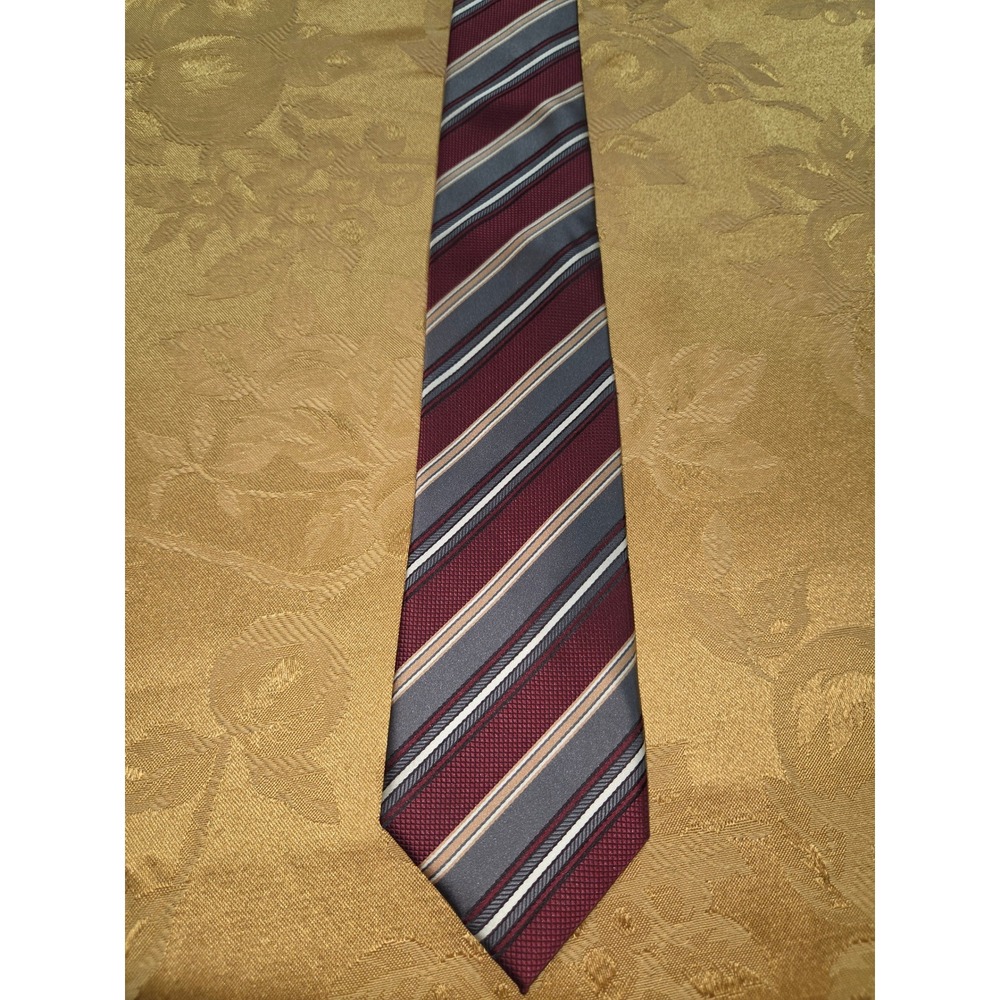 Croft‎ & Barrow Mens Necktie Burgundy Grey Gold Diagonal Striped Polyester Tie